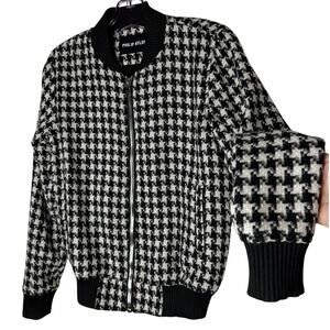 Philip Ayler White Black French Tweed Houndstooth Black Trim Zip Bomber Jacket